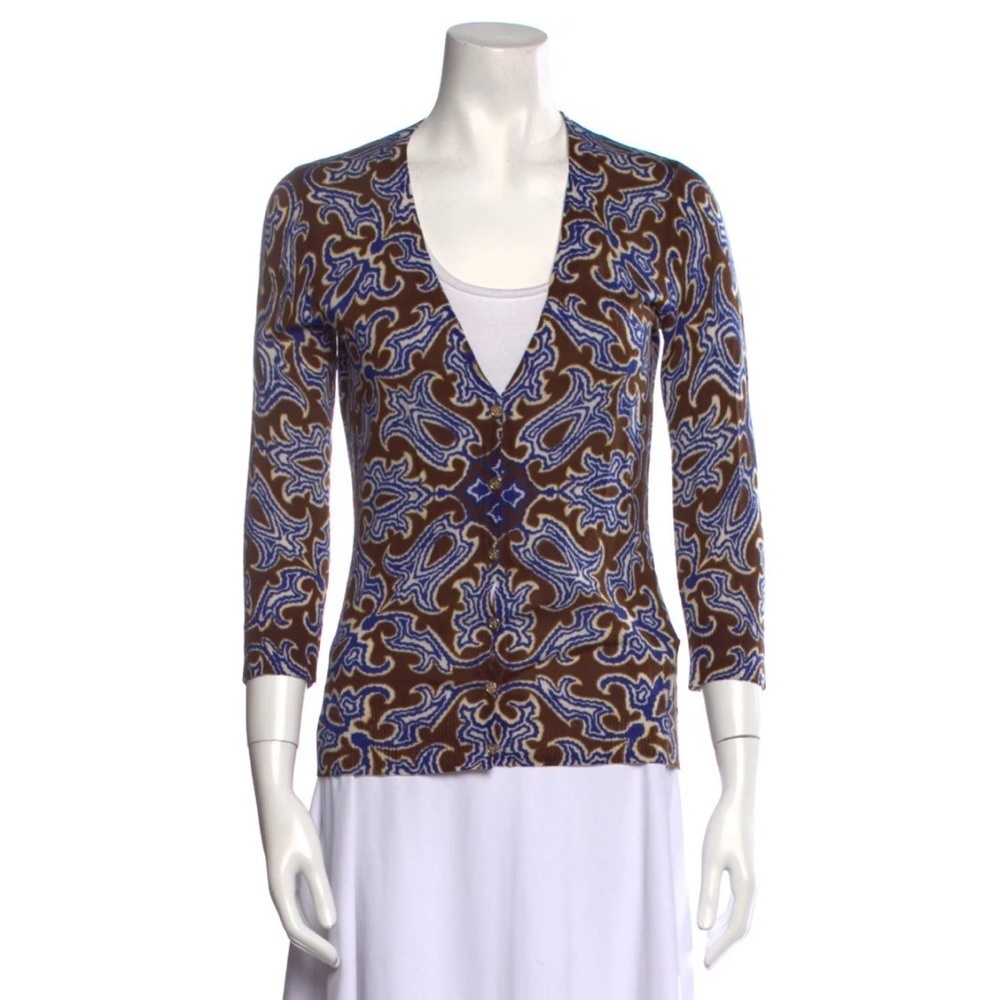 Tory Burch Flawed Wool Button-Down V-Neck 3/4 Sleeve Cardigan Sweater